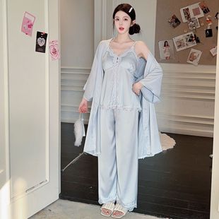 新款 带胸垫冰丝睡衣女士吊带夏季 蓝色纯欲风性感甜美三件套家居服