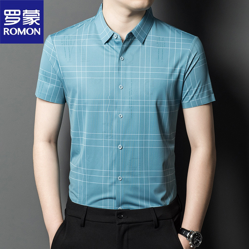 罗蒙商务休闲男式短袖衬衫夏季中年格子薄款宽松衬衣透气上衣
