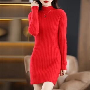 水貂绒半高领毛衣女秋冬中长款显瘦新款加厚修身针织打底连衣裙