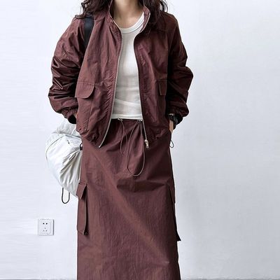 工装风2025年春季套装裙女收腰显瘦立领外套后开叉半身裙两件套女