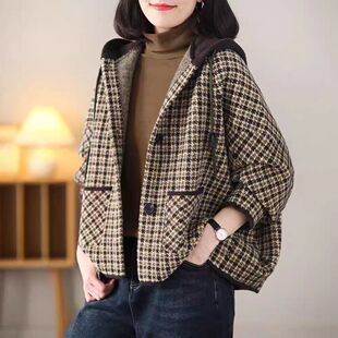 复古休闲宽松连帽格子外套女千鸟格毛呢韩版显瘦蝙蝠袖短款开衫厚