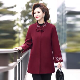 秋冬季中老年毛呢外套女新款妈妈装洋气绣花加绒中长唐装呢子大衣