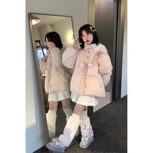 冬季新款可爱加厚保暖棉衣女毛绒绒连帽蝴蝶结小毛球刺绣棉服外套