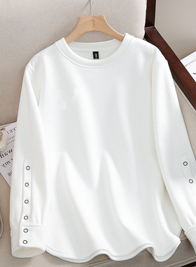 纯棉宽松打底衫女长袖春秋冬装新款圆领t恤卫衣大码白色加绒上衣