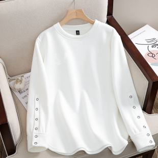 圆领t恤卫衣大码 纯棉宽松打底衫 新款 春秋冬装 白色加绒上衣 女长袖