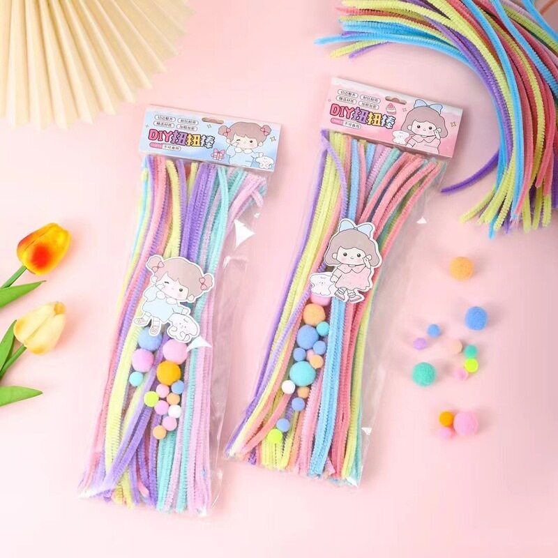 彩色马卡龙毛根加密手工毛根扭扭棒diy儿童手工制作美术材料包
