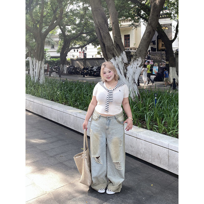 大码风做旧宽松破高腰阔腿牛仔裤