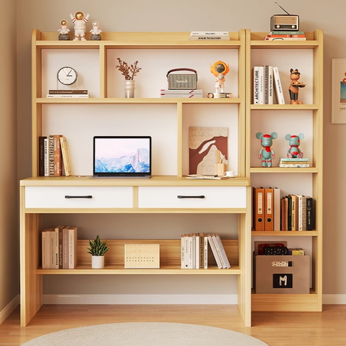 实木书桌学生家用书架一体靠墙式学习写字桌卧室电脑办公桌椅套装