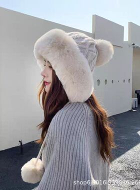 秋冬季三毛球可爱加绒加厚套头帽女士棉羊绒防寒保暖纯色针织