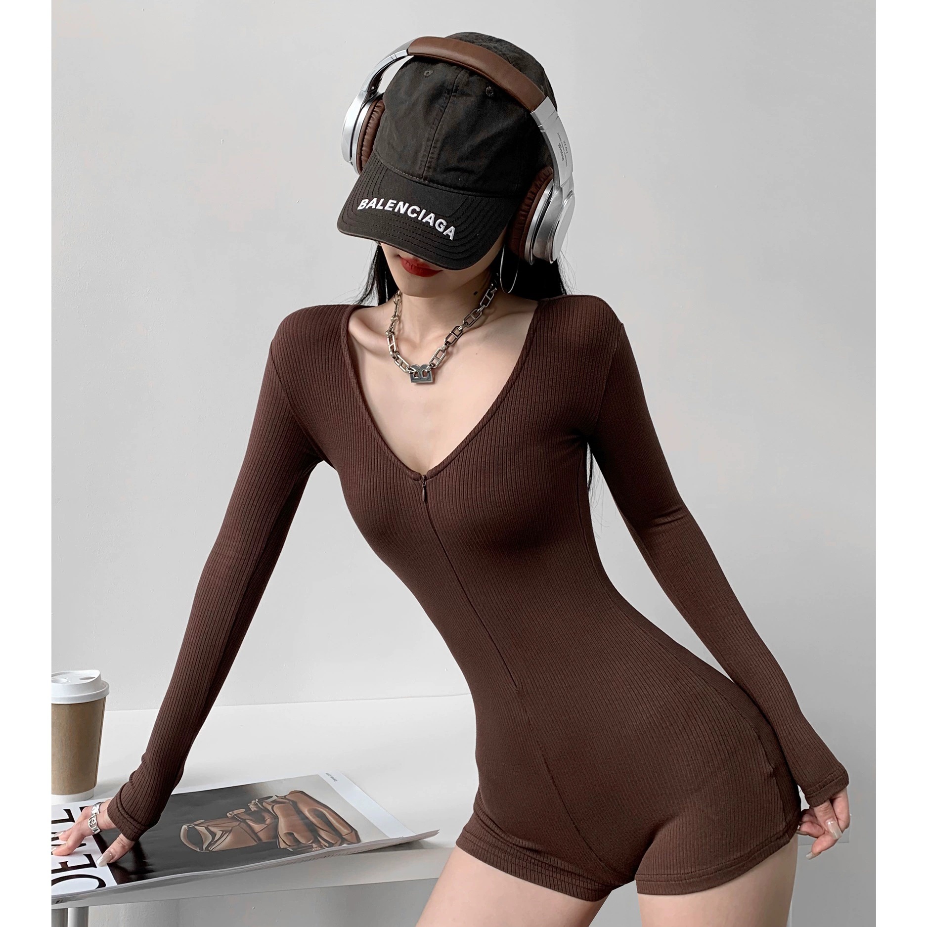 美式辣妹长袖连体裤女2025新款健身骑行百搭高腰修身显瘦连体服