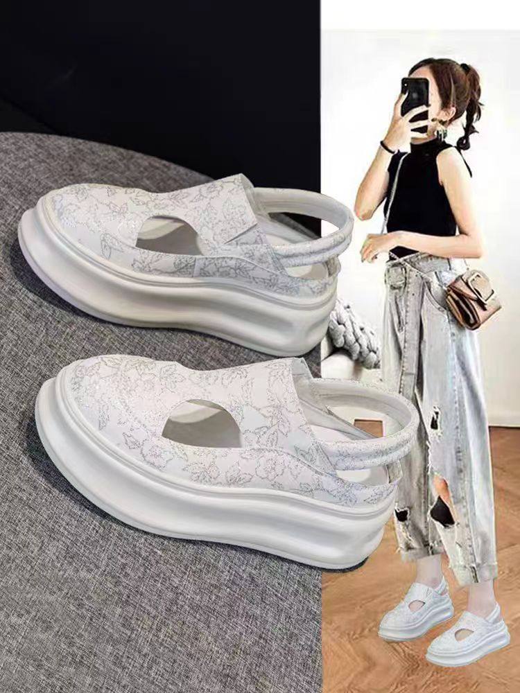 国风复古包头罗马凉鞋女2026夏季新款真皮厚底松糕运动洞洞小白鞋