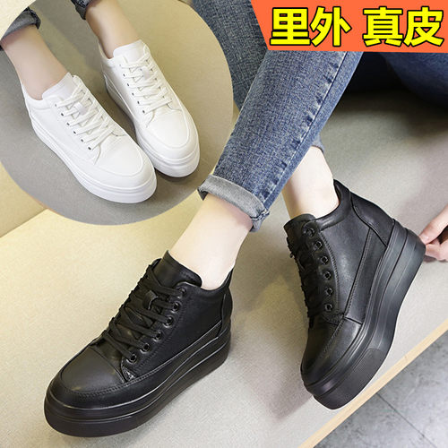 春款小黑鞋女内增高黑色真皮厚底