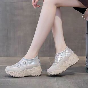 真皮透气凉鞋子女2026新款夏季网面单鞋百搭内增高镂空洞洞休闲鞋