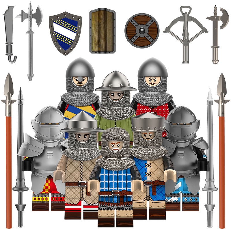 适用乐高积木人仔中世纪农场民兵双斧骑士巨盾弩兵拼装玩具YL010