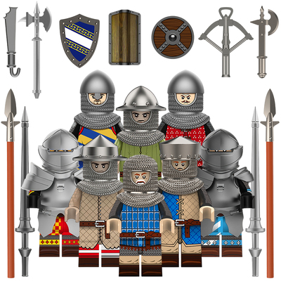 适用国产积木人仔中世纪农场民兵双斧骑士巨盾弩兵拼装玩具YL010