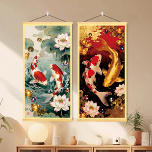 锦鲤鱼入户玄关装饰画新中式九鱼荷花壁画茶室书房客厅好寓意挂画