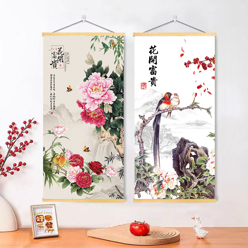 花开富贵客厅挂画入户玄关墙面装饰画新中式牡丹花卧室卷轴壁画图片