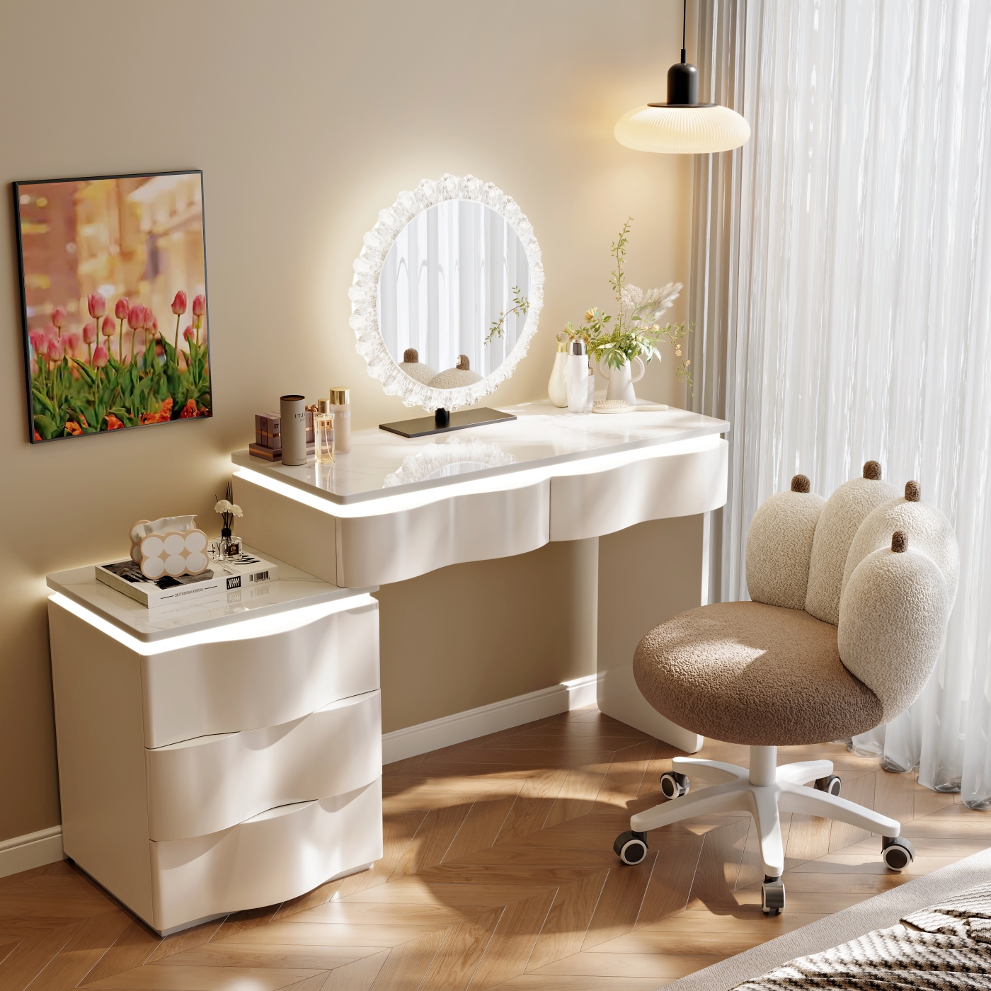 实木梳妆台奶油风卧室现代简约高挡轻奢床尾化妆桌收纳柜斗柜一体