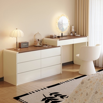 2026新款实木烤漆梳妆台卧室现代简约床尾中古风化妆桌斗柜一体