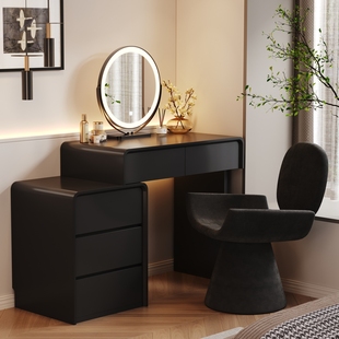 实木烤漆黑梳妆台卧室现代简约小户型中古风极简化妆桌收纳柜一体