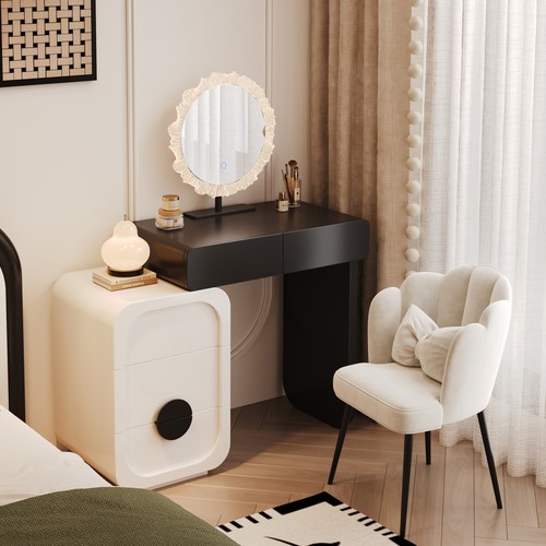 小户型烤漆实木梳妆台卧室60cm奶油风斗柜现代简约黑白收纳化妆桌