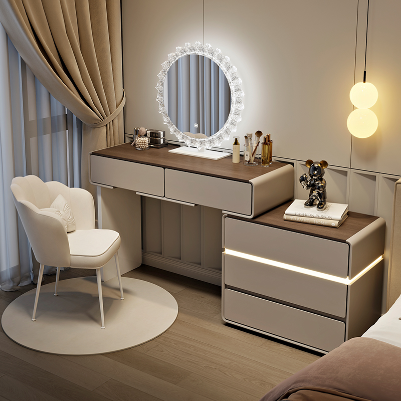 2025新款实木梳妆台卧室现代简约小户型中古风化妆桌收纳柜一体