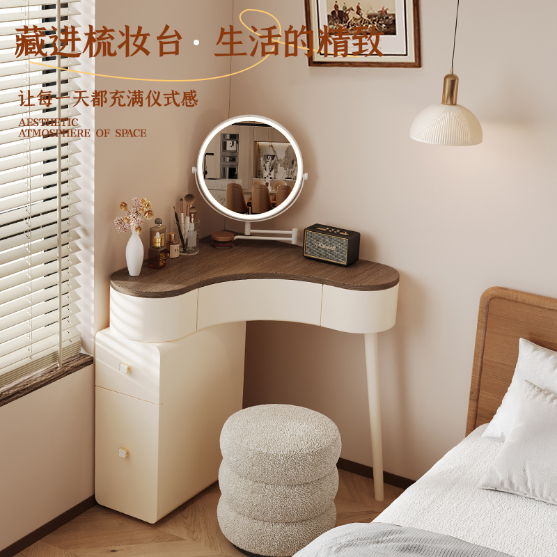 中古奶油风实木转角梳妆台卧室角落小户型迷你三角拐角墙角化妆桌