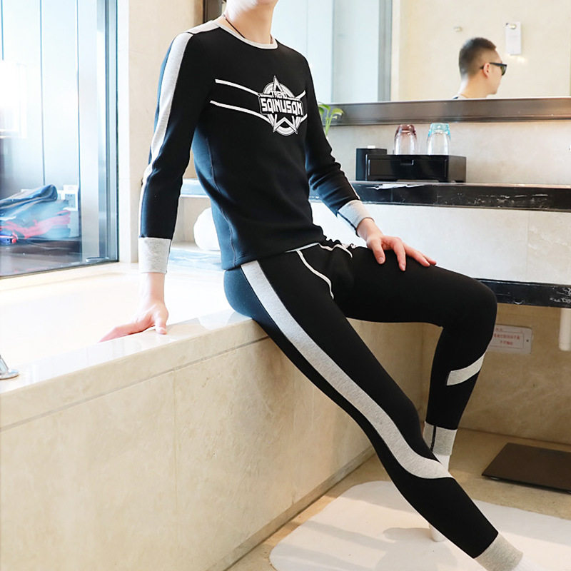 韩版加绒加厚男士保暖内衣套装时尚潮男纯色透气毛衣毛裤一件