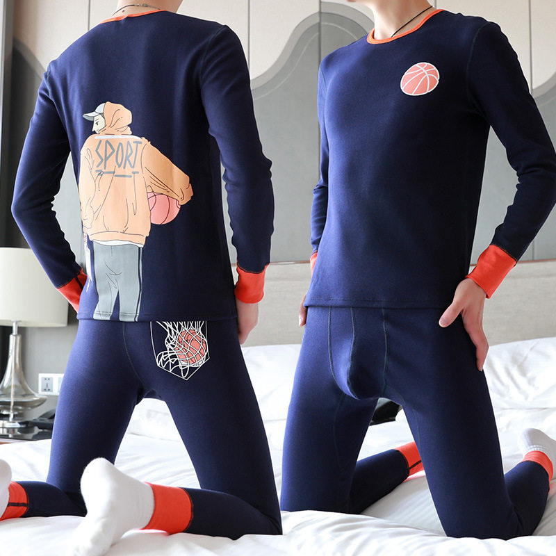 个性潮流可爱保暖加绒加厚保暖套装韩版修身圆领青年学生保暖线衣