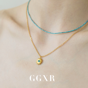 GGXR 欧美复古极细蓝松石串珠恶魔之眼项链锁骨链叠戴显白饰品