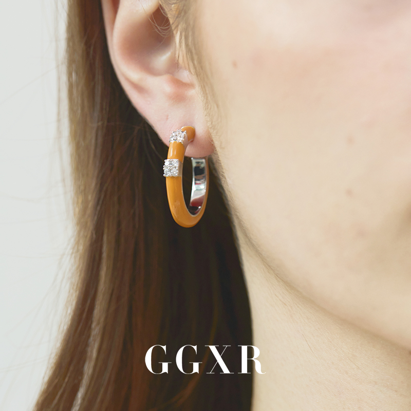 GGXR  小众设计hoop圈圈橘色镶钻耳环无耳洞耳夹