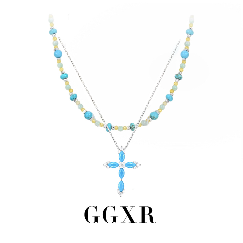 GGXR 925银湖蓝松石蓝十字架项链套装叠戴