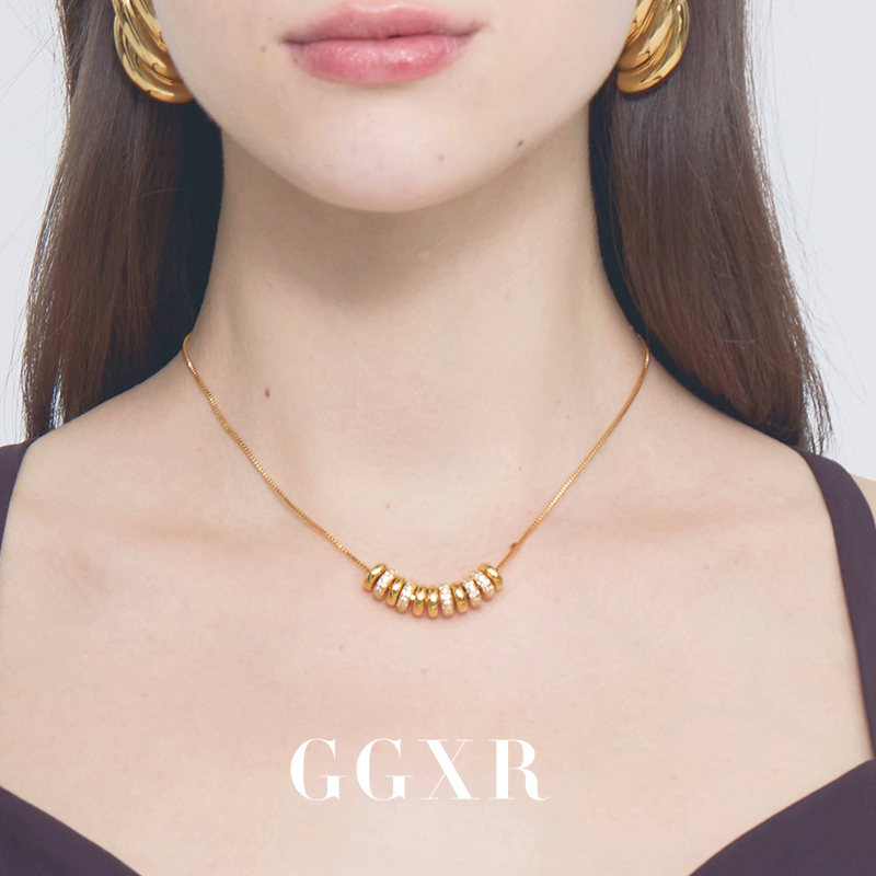 GGXR 欧美18K金灵动珠珠镶钻移动项链时尚简约毛衣链