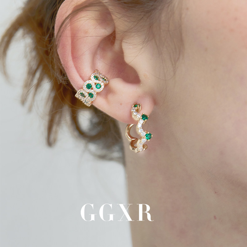 GGXR 春夏祖母绿假日皇冠微镶满钻耳环无耳洞耳夹耳骨夹
