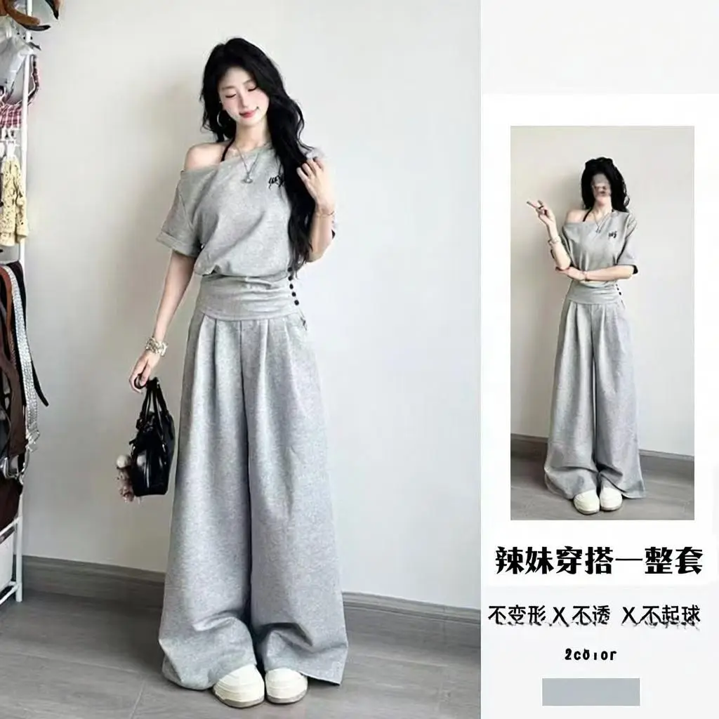 韩系学院夏季休闲运动套装女短款收腰斜肩上衣高腰阔腿裤两件套潮