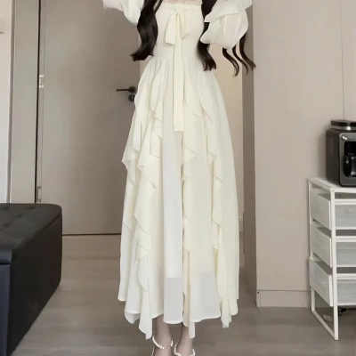 2026新款甜美春装新收腰显瘦连衣裙女油画荷叶边蝴蝶结仙女气质长