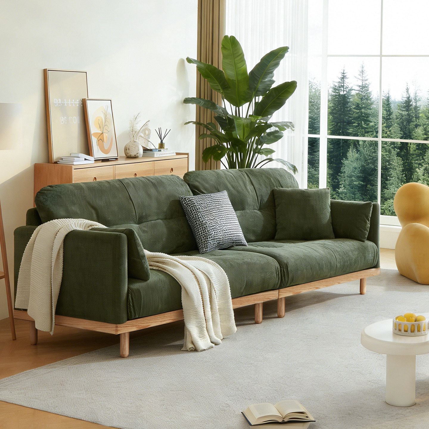 馨艾舒原木奶油风沙发可拆洗小户型客厅布艺墨绿色灯芯绒防猫抓布