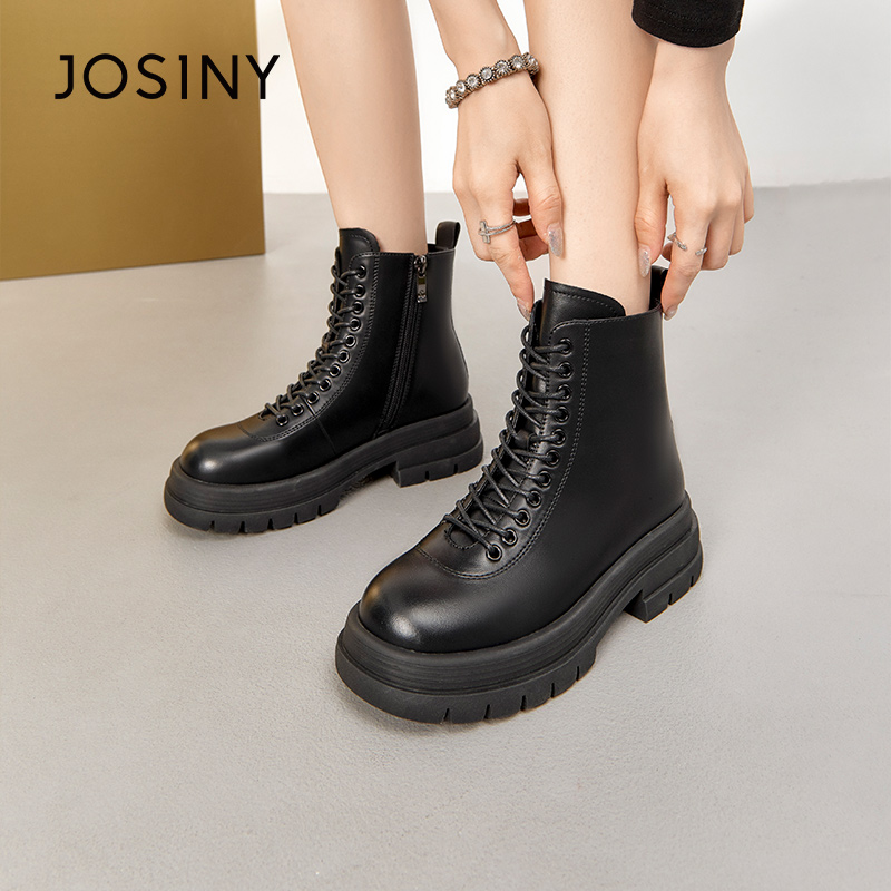 卓诗尼冬季新款女士短筒靴子圆头方跟系带加厚加绒休闲马丁靴百搭