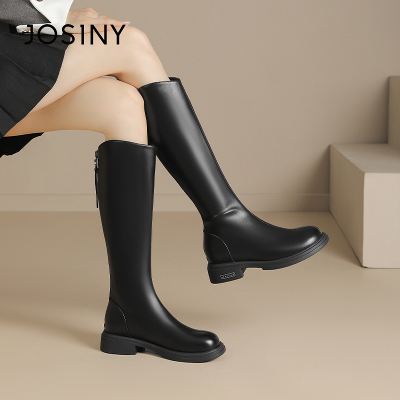 卓诗尼长筒靴冬季撤柜正品韩系休闲复古骑士靴舒适圆头低跟百搭潮