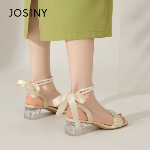 卓诗尼女凉鞋夏新款露趾甜美珍珠飘带中粗跟网纱帮面水晶跟配裙子