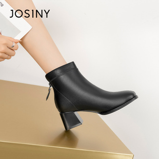 卓诗尼女鞋冬季女士短靴撤柜正品方头粗高跟后拉链时装通勤瘦瘦靴