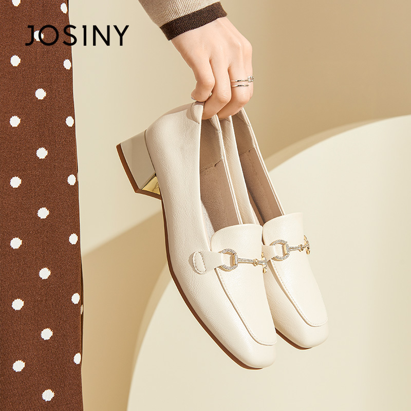 卓诗尼撤柜正品春秋款女单鞋深口乐福鞋方头马衔扣一脚蹬百搭通勤