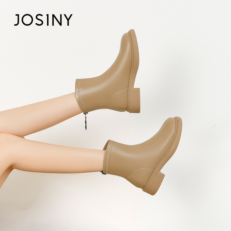 卓诗尼秋冬女靴撤柜正品圆头低跟后拉链时装瘦瘦靴休闲日常百搭