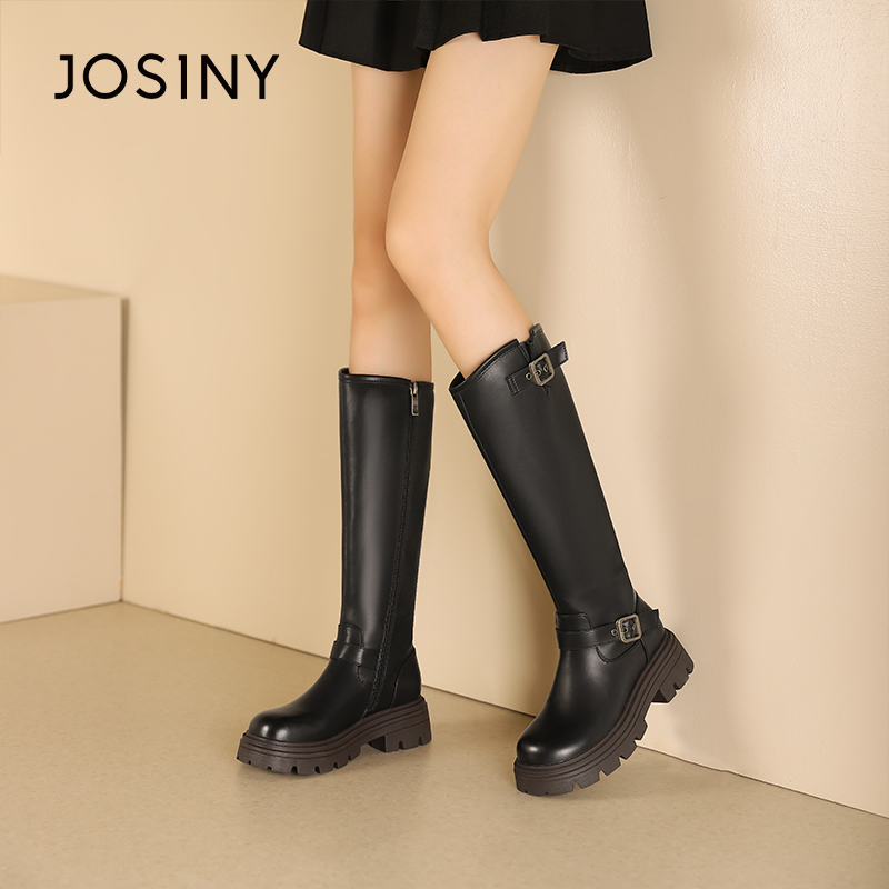 卓诗尼冬季女靴撤柜正品长筒靴复古擦色骑士靴圆头厚底酷感皮带扣