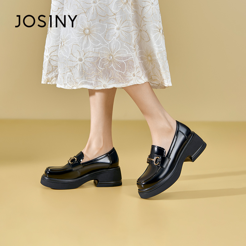 卓诗尼春秋季新款女鞋子女士单鞋圆头粗跟套脚乐福鞋日常休闲百搭