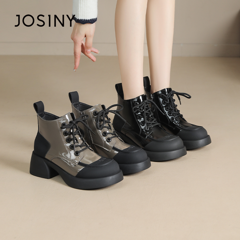 卓诗尼女鞋秋冬撤柜摩登复古马丁靴撞色防踢圆头耐磨厚底舒适百搭