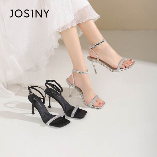 卓诗尼撤柜正品晚宴钻带小高跟一字带凉鞋女超高跟细跟性感优雅