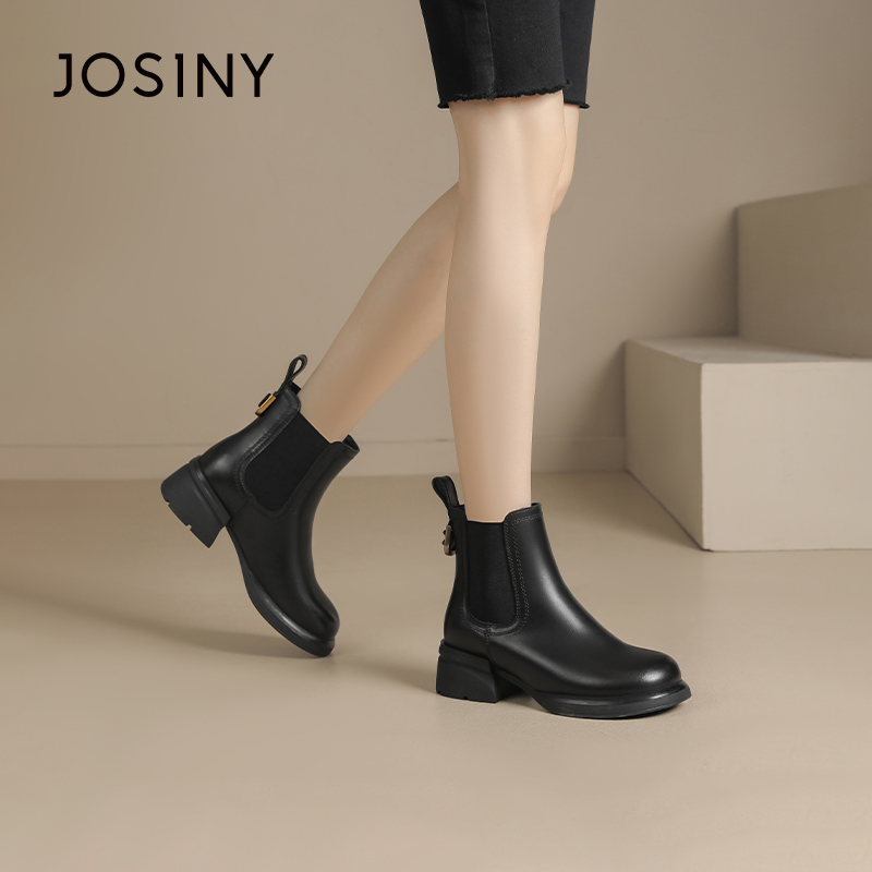 卓诗尼女靴冬季撤柜正品复古厚底切尔西靴弹力套筒舒适圆头百搭潮