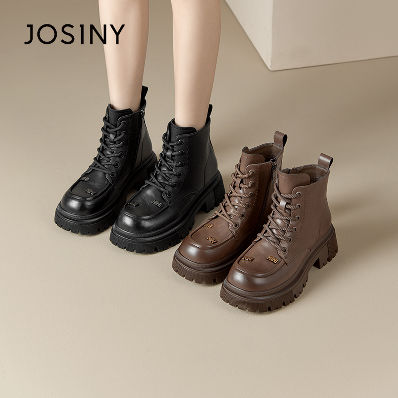 卓诗尼撤柜正品秋冬款女休闲复古马丁靴金属NINI装饰圆头包边设计