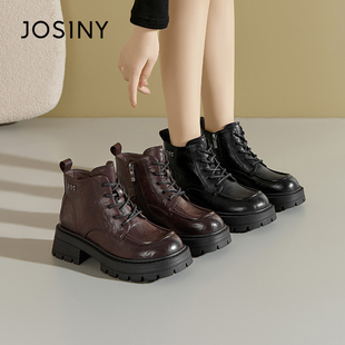 卓诗尼冬季新款女士短筒靴子圆头粗跟系带加侧拉链加绒加厚时装靴